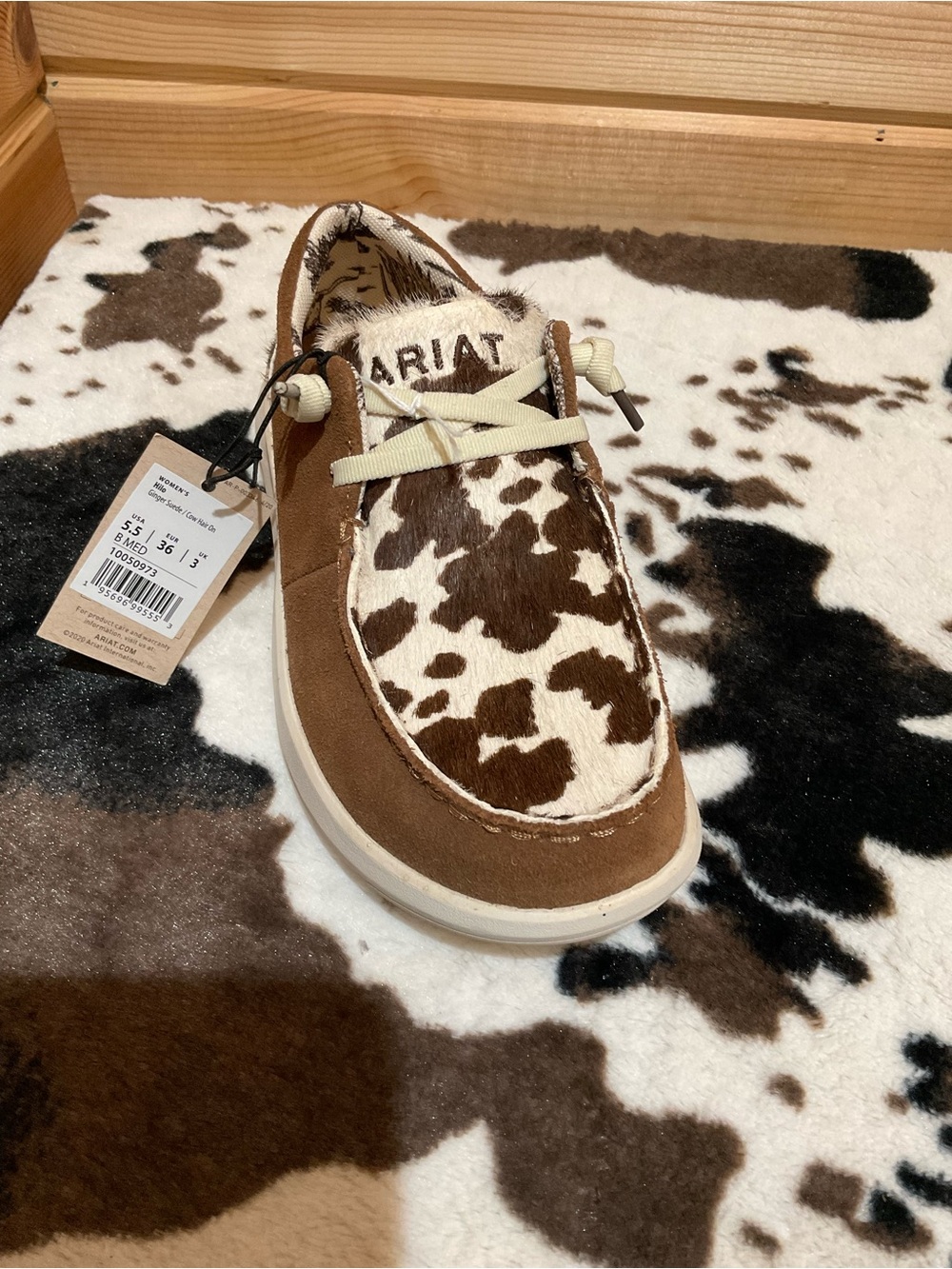 Ariat Brown and Cream Cowhide-Print Suede Moccasin